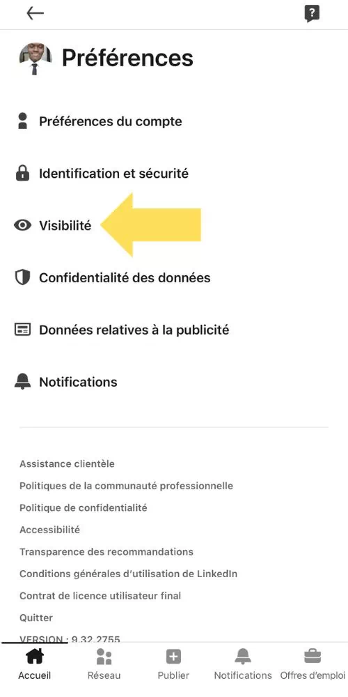 Cliquer sur visibilité