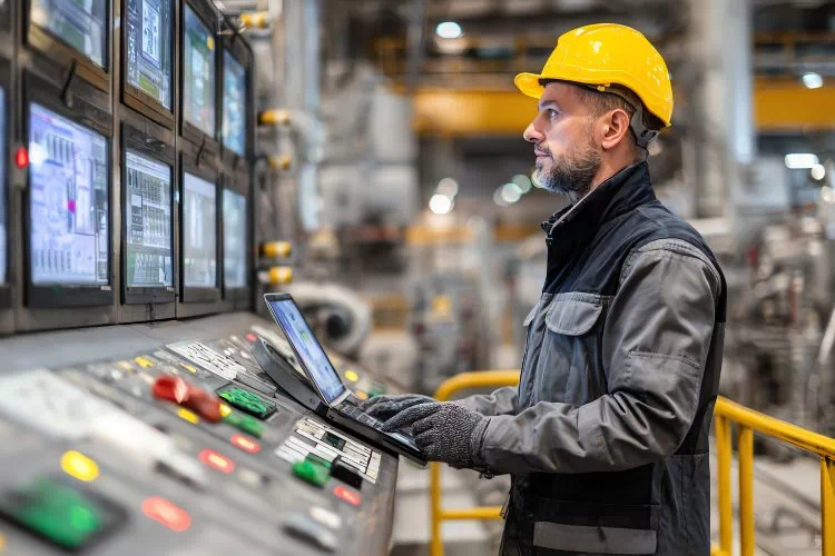 Technicien devant un panneau de contrôle dans une usine